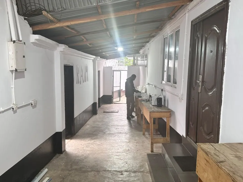 A covered walkway between buildings